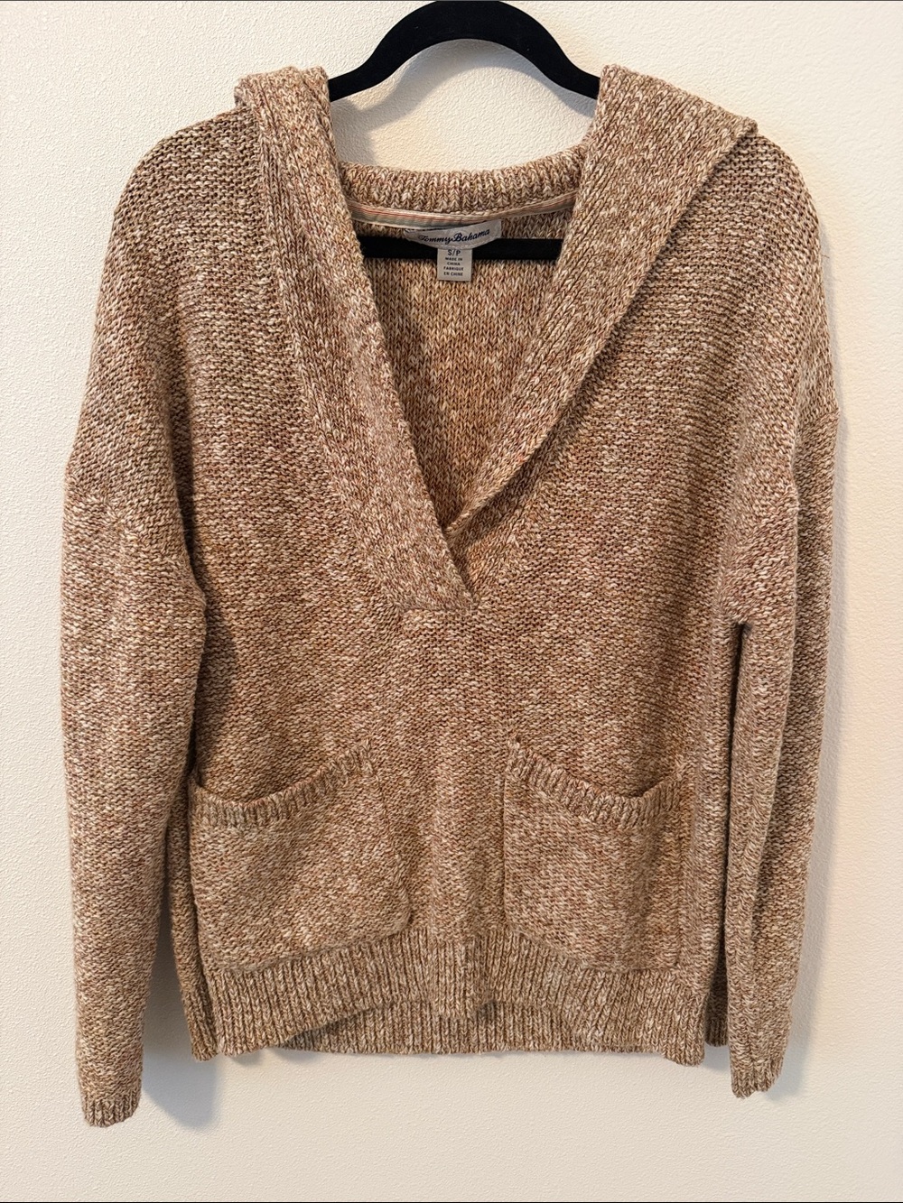Tommy Bahama Hooded V-Neck Sweater in Tan and Cream